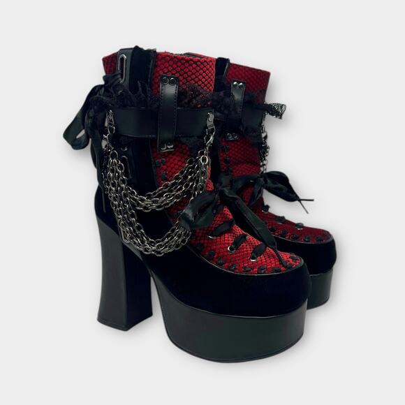 Demonia Charade Vegan Leather Fishnet Overlay Chunky Platform Boots Size 8 - Picture 1 of 13